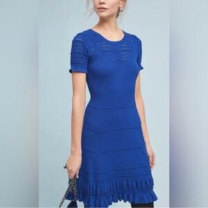 Maeve Anthropologie Medium Cobalt Blue Knit Flare Sweater Crocheted Dress